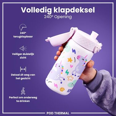 Дитяча термобутилка з нержавіючої сталі Ion8 320 мл, герметична, з одноручним відкриванням, захисним замком, придатна для миття в посудомийній машині, зручна для очищення, з ручкою, рожева з єдинорогом