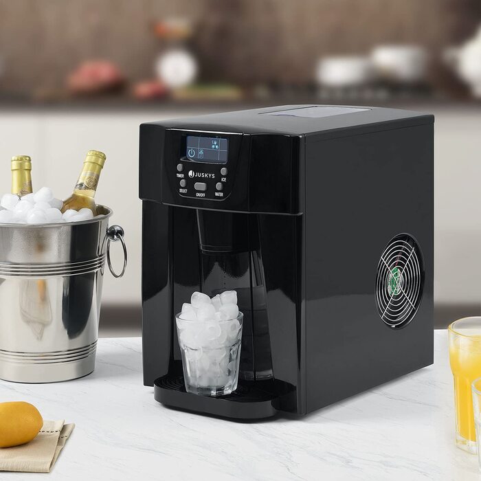 Машина для приготування льоду Juskys PIM200L з прямим дозатором та таймером — до 12 кг/день, виробництво кубиків льоду за 6-10 хвилин, 2 розміри, 2л бак — чорний колір