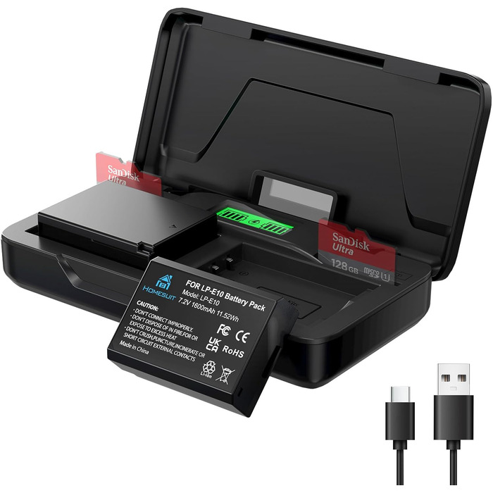 Акумулятор Homesuit LP-E10 1600mAh та LED-зарядний пристрій для Canon EOS 1100D, 1200D, 1300D, 2000D, Rebel T3, T5, T6, T7, Kiss X50, Kiss X70 (2 шт. акумулятори та 1 зарядний пристрій)