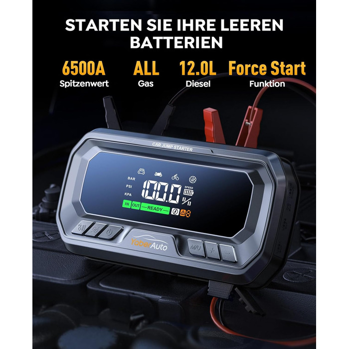Powerbank YaberAuto для запуску двигуна з компресором, 160PSI, 6500A, PD 65W, 26800mAh. Запуск авто, 600 люмен, LCD екран