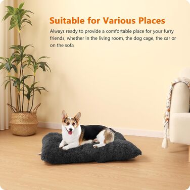 Dog Bed, Fluffy Dog Mats, Longer Plush Dog Cushion, Washable, Non-Slip Bottom, 110 cm for Medium and Large Dogs, (L 90 x W 60 x H 10 cm, Dark Grey)