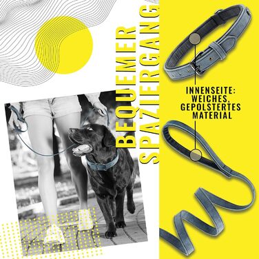 Набір повідка та нашийника ne&no® (веганська шкіра) для собак, 1.2м, блакитний/антрацит, регульований, з карабіном