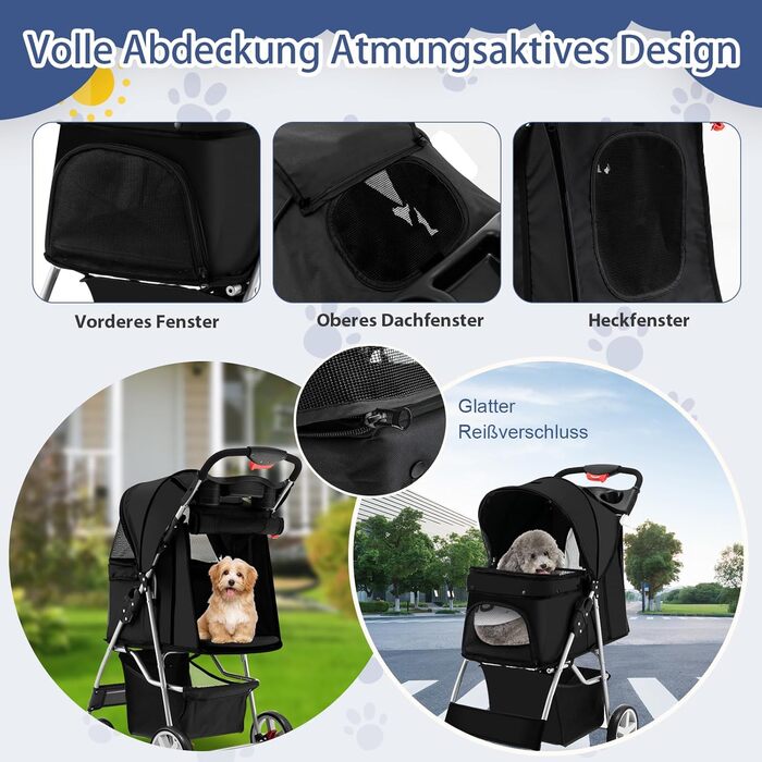 Візок для собак SOARS, до 15 кг, складаний, з сітчастими віконцями, тримачем для напоїв та кошиком для зберігання, для маленьких тварин (Чорний)