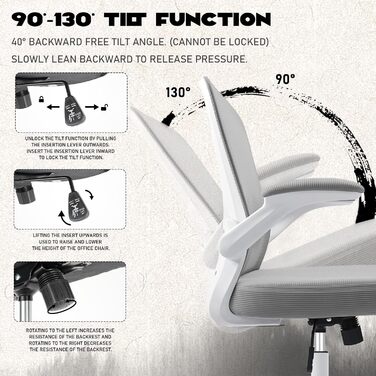 Ергономічне крісло для офісу та робочого столу з підйомними підлокітниками, регульованою підтримкою попереку, регульованою висотою поворотного п'єдесталу та спинкою з сіткою, що нахиляється до 130°, (Сірий)
