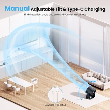 Вентилятор WSKEN з акумулятором - турбо режим, цифровий дисплей, 100 швидкостей, портативний настільний вентилятор, 115° обертання, потужний потік повітря, тиха робота, міні вентилятор для офісу, на вулицю, блакитний/чорний