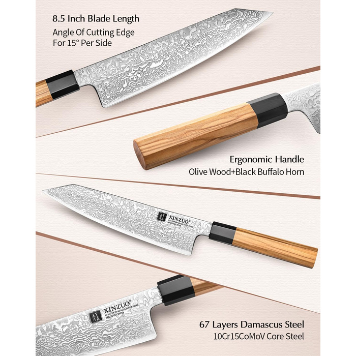Японський ніж Kiritsuke XINZUO з дамаської сталі, 21.5 см, Gyuto, ручка з оливкового дерева та чорного рогу буйвола, ручна робота, з піхвою