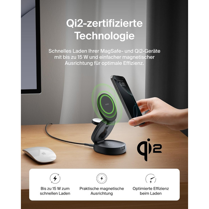 Белкін BoostCharge 3-в-1: Індукційна зарядна станція з Qi2, 15W, MagSafe, для iPhone, Apple Watch, AirPods, з блоком живлення 30W – Чорний