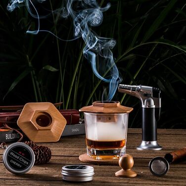 Преміум дерев'яний бокс для віскі з набором для копчення, ліхтарик, тріски, 2 склянки, набір для копчення коктейлів, подарунок для чоловіків, віскі, бурбон, День батька, ідеї подарунків на день народження