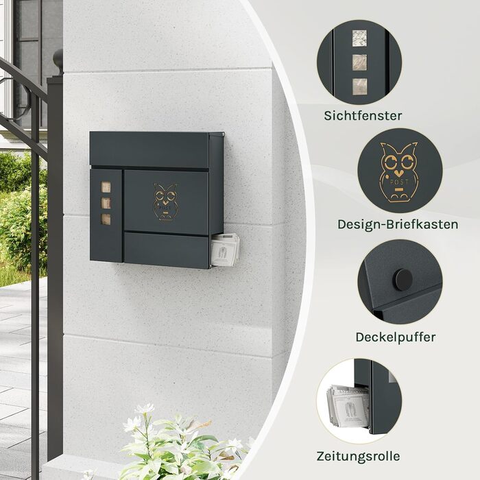 Поштова скринька WOLTU XXL з газетницею, оглядовим вікном, замком та 2 ключами, антрацит+жовтий (10,5x37x37 см)