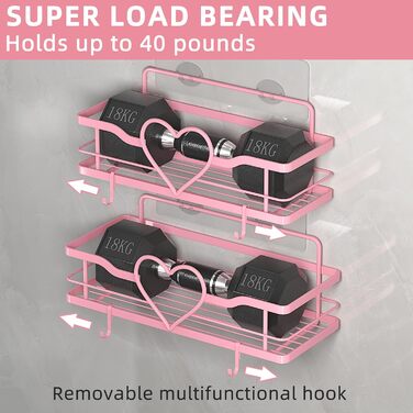 Двостороння поличка для душу без свердління, рожева, з 4 гачками, 11.5 см - органайзер для шампуню та мила