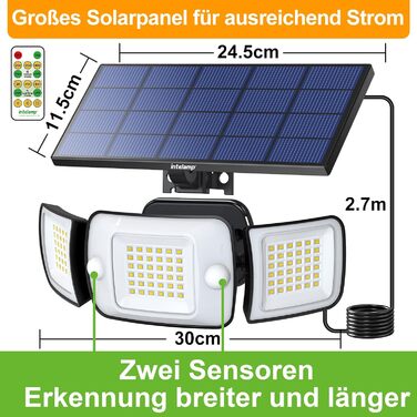 INTELAMP Solar Lights for Outdoors with Motion Sensor, 6000 mAh Solar with Remote Control, 1200LM, 270° Wide-Angle Solar Lights, IP65 Waterproof for Porch and Garages (1 Piece - 2.7M Cable)