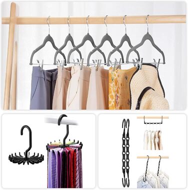 Вело Преміум плюшеві вішалки для одягу з металевими кліпсами, антиковзні та економні, з 1 магічною вішалкою та 2 тримачами для краваток, ідеальні для жінок та чоловіків, 20 шт. (20-PACK, Сірий)