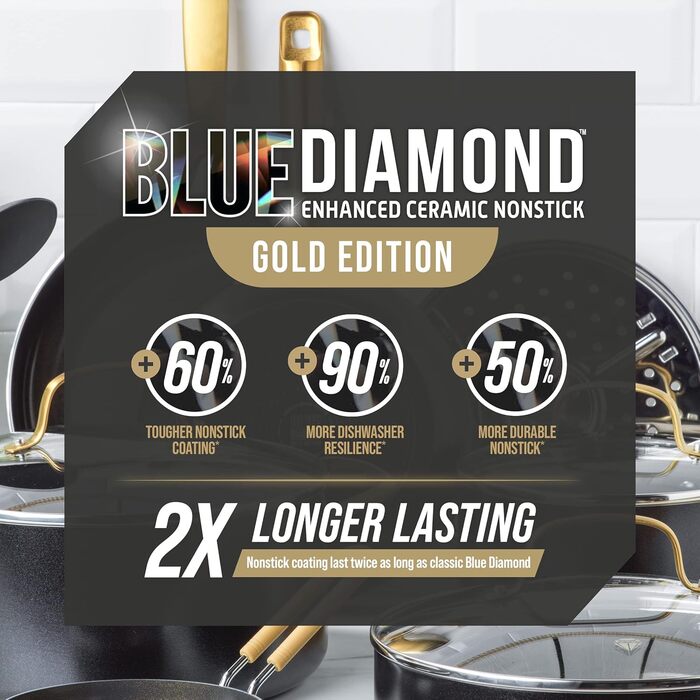 Набір посуду Blue Diamond Gold 10 предметів для індукційних плит, з алмазним покриттям, без PFAS та PFOA, антипригарне покриття, міцний, безпечний для металевих кухонних аксесуарів, придатний для миття в посудомийній машині, чорний