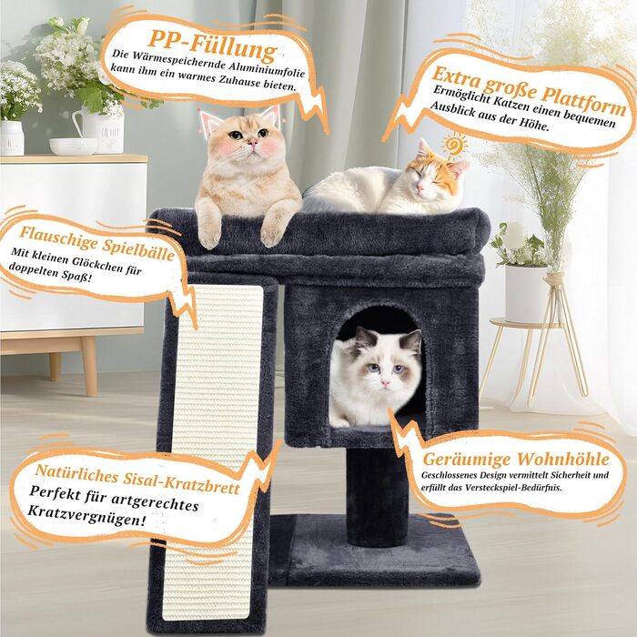 Дряпальня для котів великих порід, кімнатна, 60 см, сіра, з платформою, сизаль, пандус, будиночок, м'ячі, щітка