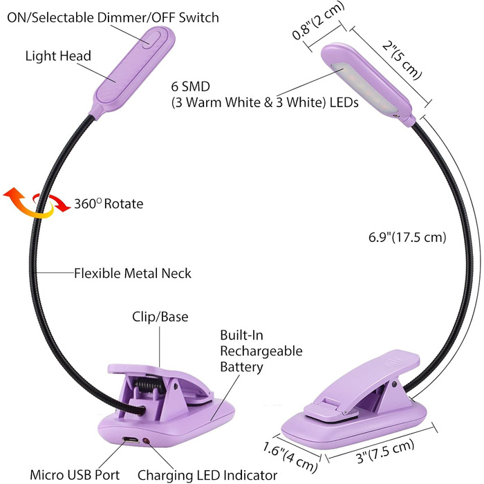 Ліхтарик для читання BIGMONAT з USB зарядкою, кліпсою, 6 LED, 3 режими світла, регульована яскравість, гнучкий на 360° фіолетовий