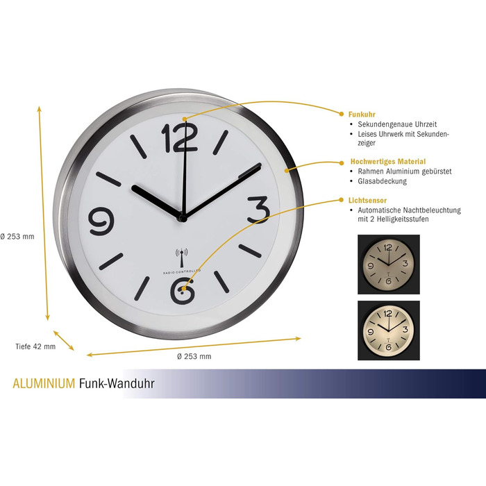 TFA Dostmann Analog Wall Clock, 60.3535, with Night Light, Quiet Movement with Second Hand, White/Silver, 60.3535.02, L 253 x W 253 x H 42 mm