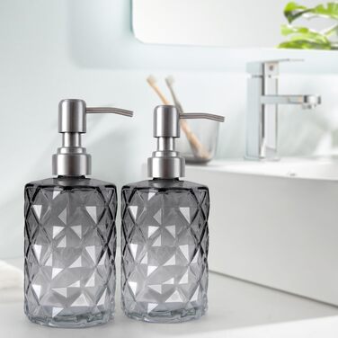 Дозатор мила скляний для ванної кімнати, наповнюваний помповий дозатор для кухні з нержавіючим тримачем, 2 підставки, 330 мл, вінтажний дозатор мила з матовим насосом (сірий)