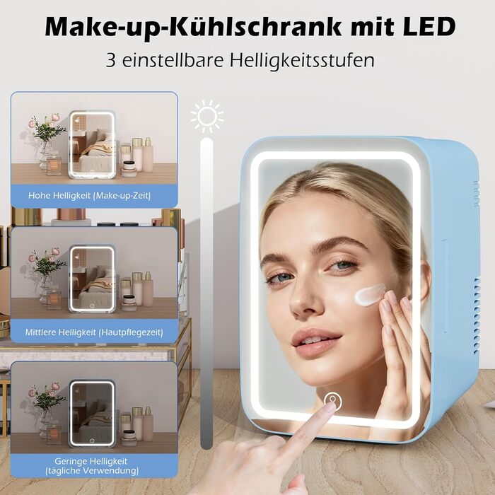Міні-холодильник для косметики YUSING 4л з LED дзеркалом, охолодженням/нагріванням 12V/220V для авто, офісу, спальні, чорний (блакитний)