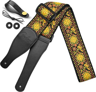 Гітарний ремінь Jacquard з бавовни з шкіряними кінцями для бас-гітари, акустичної та електрогітари, жовтий