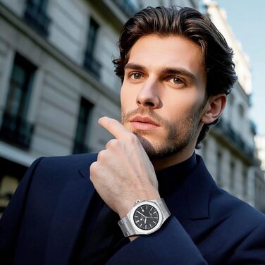 Годинник SAPPHERO для чоловіків з нержавіючої сталі, 50M водостійкий, класичний аналоговий кварц з календарем. Елегантний подарунок для чоловіків (сріблястий браслет/чорний циферблат)