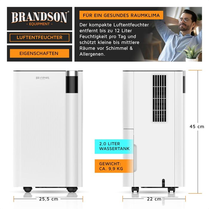 Електричний осушувач повітря Brandson з компресором, 12 літрів, Wi-Fi, з додатком, таймер, відвід води через шланг, захист від замерзання, білий