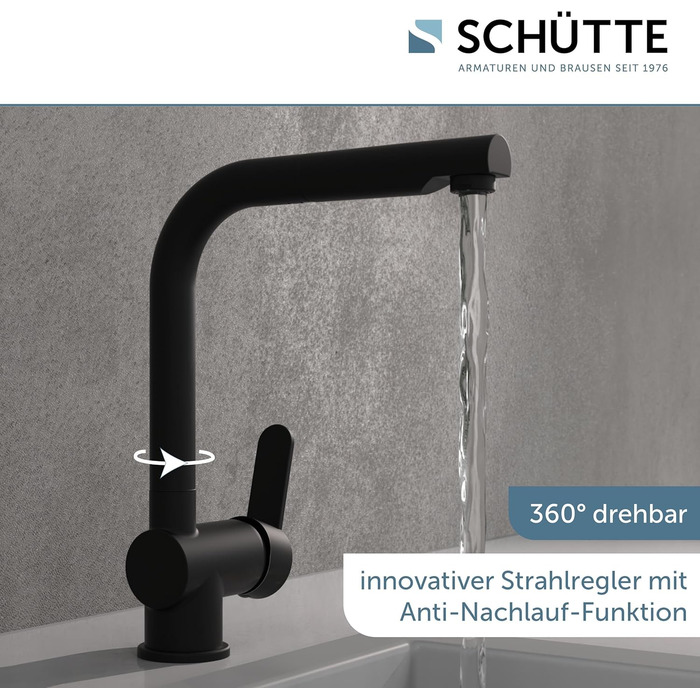 Кухонний змішувач SCHÜTTE LONDON з висувною лійкою, поворотний на 360 градусів, однорідний, чорний, 29,8 см (низький тиск)