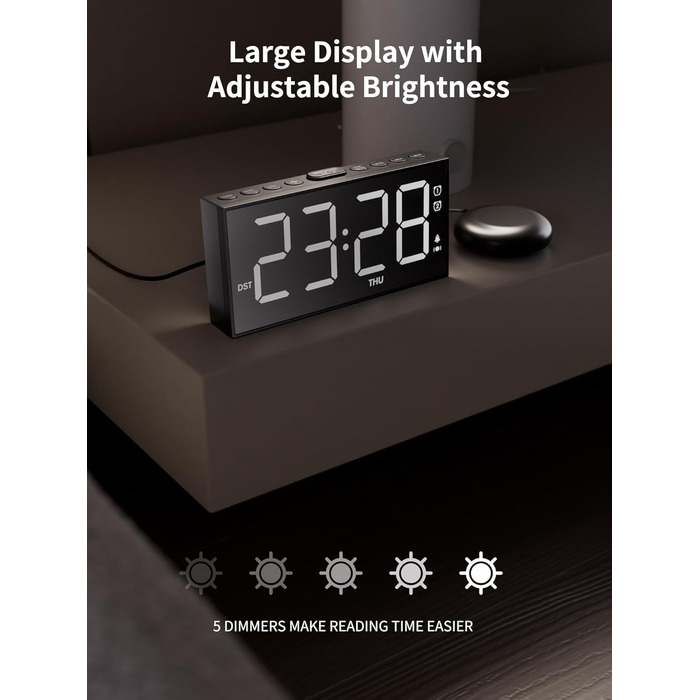 ROCAM Vibration Alarm Clock, Loud Alarm Clock for Deep Sleepers, 7'' Large Display, Bold Font, Digital, Adjustable Brightness, Dual Alarm, Snooze, USB Charger, for Use in the Bedroom (white)
