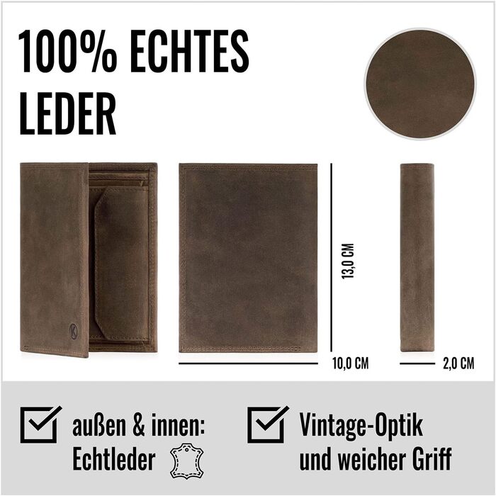KORUTA Leather Wallet for Men with RFID Protection | Large Bifold Wallet with Coin Pocket | 13 Compartments | Genuine Leather Wallet for Men | Wallet Portmonee Brown
