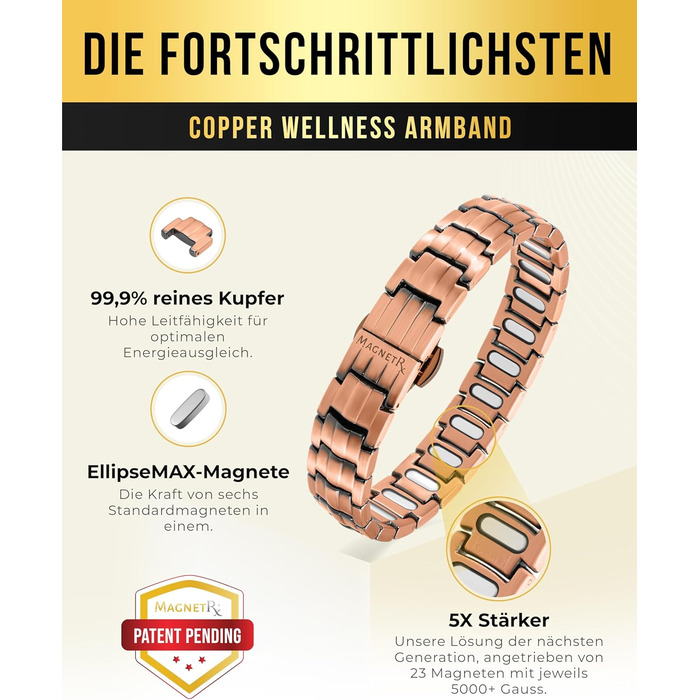 Браслет на руку чоловічий MagnetRX® з чистої міді – Магнітний браслет для чоловіків для магнітної терапії – Ідеально підходить при артриті та синдромі зап'ястного каналу – З інструментом для регулювання довжини (5 рівнів інтенсивності – EllipseMAX (5000 Г