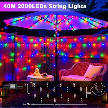 LED гірлянда для декорування: 20 метрів, 1000 LED, вологостійка, з таймером, 8 режимів, для дому та саду