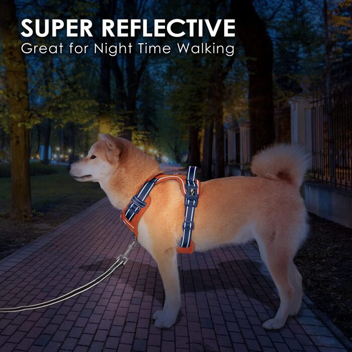 Шлейка для собак PHOEPET без натягу, світловідбиваюча, регульована, з ручкою для тренувань + 2 гачки для повірця + 3 застібки-клипси + 4 регулювальні пряжки (M, L), оранжево-блакитна