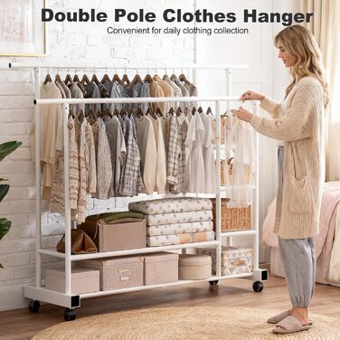Вешалка для одягу на колесах, шестиярусна полиця з двома штангами, біла