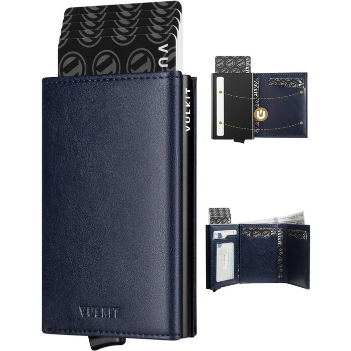 Чоловіче шкіряне картхолдер VULKIT з RFID-блокуванням, відділенням для грошей та візитки, Navy Blue