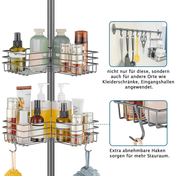 FIISAYL Shower Shelf No Drilling Telescopic Shower Rack Metal Corner Shelf Bathroom Shelf with 4 Shower Baskets, Height Adjustable 85-325cm, Suitable for Bathtub, Bathroom and Kitchen, Grey