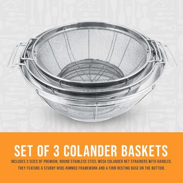 Набір сит з нержавіючої сталі U.S. Kitchen Supply (3 шт) - 27.9 см, 24.1 см, 4 квари, 21.6 см 3 квари - для миття, пропарювання, варіння