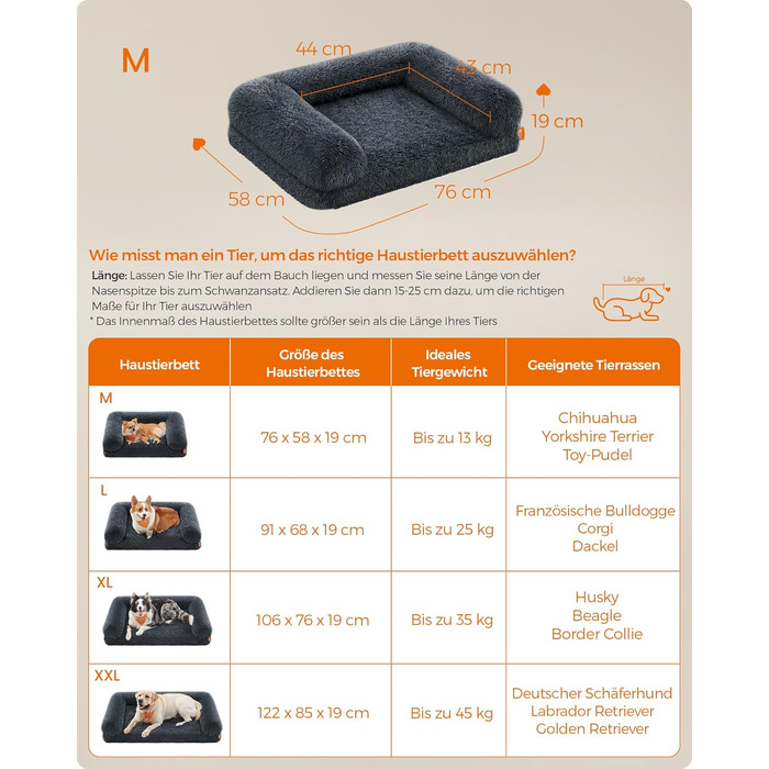 Ліжко для собак Feandrea FluffyHug, XXL, м'яке, для великих собак, знімний чохол, 122 x 85 x 19 см, сірий Ombré