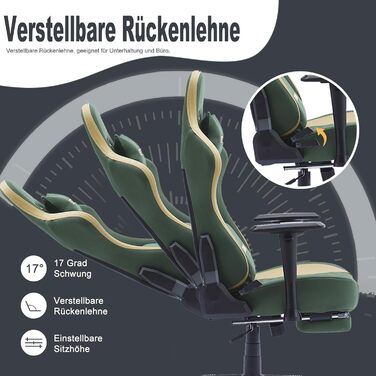 Ігровий крісло Symino Racing Style - ергономічне, 200 кг, регульовані підлокітники, PU шкіра, з підніжкою (зелений)