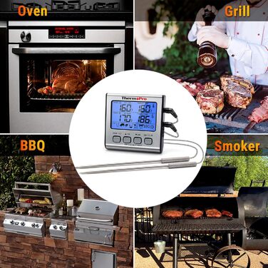 ThermoPro TP17 Digital Grill Thermometer, Meat Thermometer, Kitchen Thermometer, with Two Stainless Steel Probes, Blue Backlight, Temperature Range up to 300°C