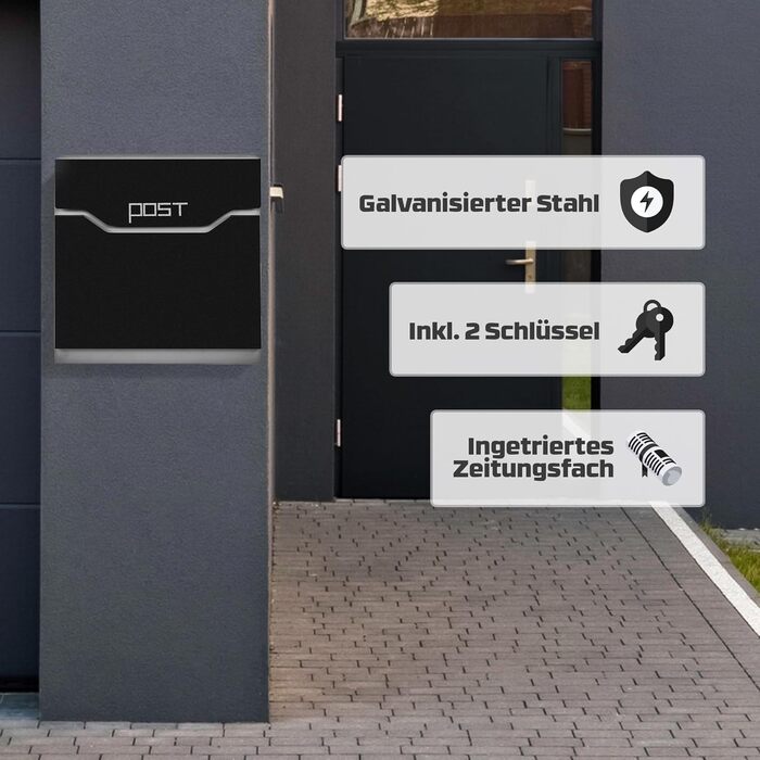 Поштова скринька Arebos сучасного дизайну настінна, з газетницею, чорна - стійка до погодних умов, з ключами та кріпленням