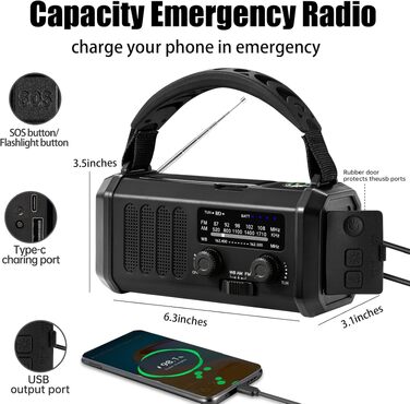 Радіоприймач аварійний QAUYYW з сонячною та ручною зарядкою, 20000 mAh, AM/FM/NOAA/SW, ліхтарик, SOS-сигнал, зарядний пристрій для телефону