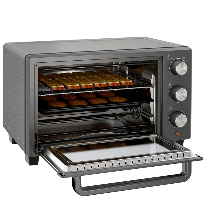 HOMCOM 21L Mini Oven 1400W 60 Min. Timer, Small Oven with Adjustable Temperature 100°C-230°C Baking Time, Mini Oven with Baking Tray, Wire Rack, Stainless Steel Table Oven, Grey | Aosom