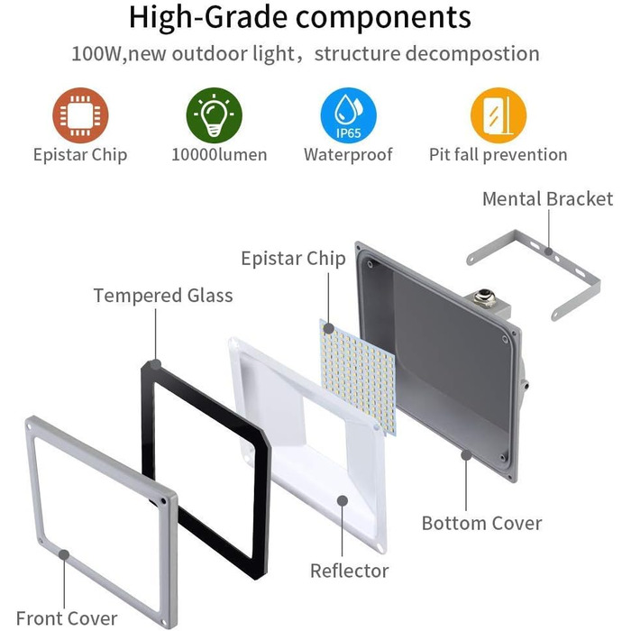 LED Floodlight Outdoor 100W Outdoor Spotlight | LED Floodlight Floodlight Outdoor Searchlight Cold White | Super Bright 10000LM 6000K Cold White IP65 Waterproof Floodlight Wall Light for Garden Sports Field