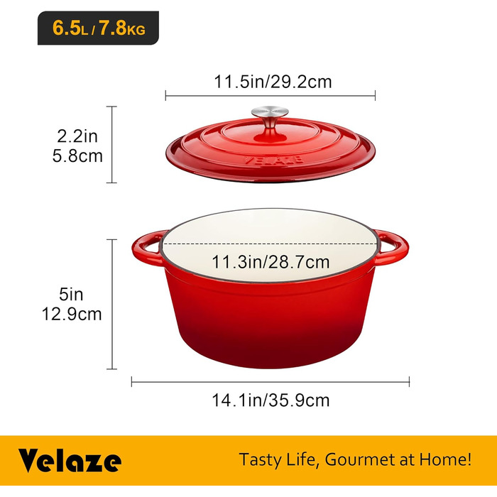 Чавунний казан Velaze 29 см, 6.5 л з кришкою, емальований, для випікання хліба та готування, підходить для всіх типів плит