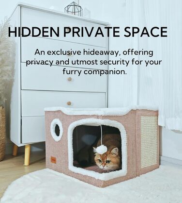 Spindro Cat Cave Cat Bed Large, Cat House Indoor Cat Sleeping Place with Removable Sherpa Cat Cushion and Hanging Toy, Cat Bed, Light Grey 42x42x33cm (2 level (42cmx42cmx33cm), Pink)
