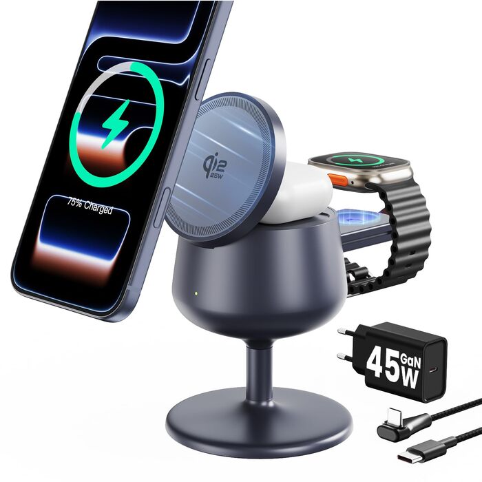 Бездротова зарядна станція 3-в-1 GEEKERA Qi2.2 25W для Apple: MagSafe зарядний пристрій для iPhone 17/16/12, Apple Watch та AirPods, адаптер GaN 45W, Phantom Grey