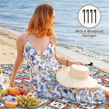 Плед для пікніка Boho 200x200 см, водонепроникний, антипісочний, з ручкою та кілочками, XL килимок для кемпінгу, пляжу, парку, прогулянок в стилі бохо