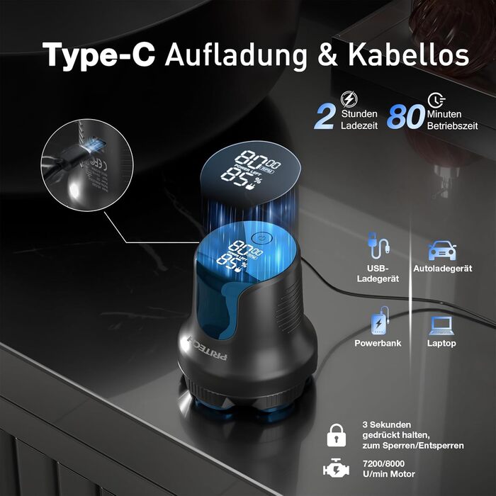 Електрична бритва PRITECH для гоління голови чоловікам, бездротова, магнітна, синьо-чорна