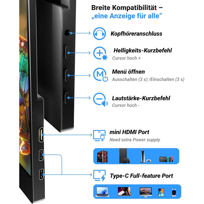Портативний монітор Ingnok 15.6 дюймів, FHD 1080P IPS з підставкою, для ноутбука, ПК, Mac, PS3/4/5/X-box, USB-C & HDMI, 15.6 (підставка)