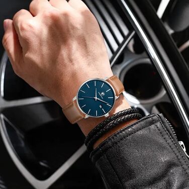 Чоловічий годинник CHEETAH: аналоговий кварцовий годинник з датою, водостійкий (3 ATM), з шкіряним ремінцем, спортивний стиль, для молоді (сріблясто-блакитний, коричневий)