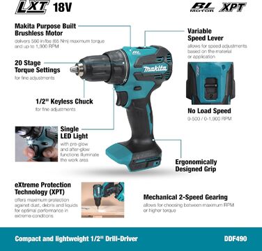 Акумуляторний дриль-шуруповерт Makita DDF490Z 18V Li-Ion LXT безщітковий, без акумулятора та зарядного пристрою